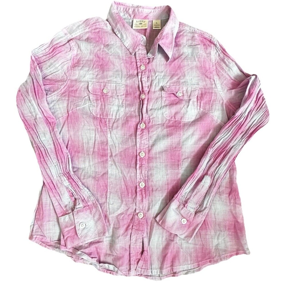 Riders By Lee Women L Pink Plaid Button Up Shirt Long Slv Lightweight Cotton EUC